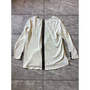 Soft Surroundings White Knit Back Zip Sweater Gold Buttons Womens Medium